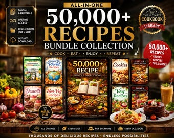 50,000+ Recipe Cookbook Bundle|200+ Digital Cookbooks PLR MRR|Keto,Vegan,Desserts,Meal Prep|Editable eBooks Download