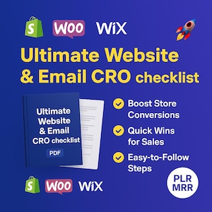 May include: A graphic with the text "Ultimate Website & Email CRO checklist" and the logos for Woo and Wix. The image includes a blue book labeled "Ultimate Website & Email CRO checklist PDF" and a white paper. The image also includes a rocket ship icon.
