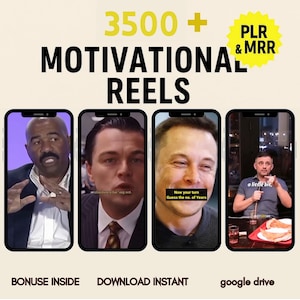 Könnte beinhalten: Werbung für Motivations-Reels, mit vier Smartphone-Bildschirmen, die Bilder von Persönlichkeiten des öffentlichen Lebens zeigen. Der Text enthält "3500+ MOTIVATIONAL REELS", "PLR & MRR" und Sätze wie "BONUSE INSIDE" und "DOWNLOAD INSTANT".