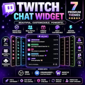 Può includere: Un widget chat Twitch digitale con sette temi premium caratterizzati da un'estetica neon viola e blu. L'interfaccia mostra messaggi di chat, ruoli utente e icone per emote, follower, abbonamenti, raid e mance, con etichette per la compatibilità con OBS Studio, Streamelements e Widget.io.