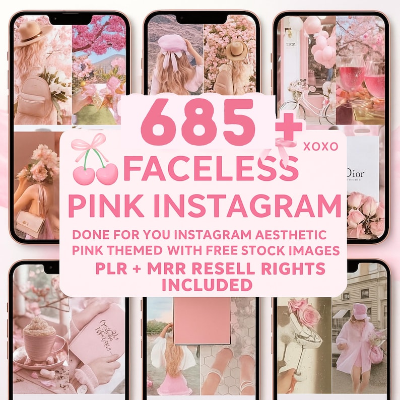 May include: Aesthetic pink Instagram theme with the text "685+ Faceless Pink Instagram" and "Done for you Instagram aesthetic pink themed with free stock images PLR + MRR resell rights included". The image shows several phone screens with pink-themed images.