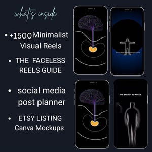 May include: Image showcasing a digital product with four smartphone mockups. The phones display minimalist art and text, including "+1500 Minimalist Visual Reels," "THE FACELESS REELS GUIDE," "social media post planner," and "ETSY LISTING Canva Mockups." The overall theme is digital marketing resources.
