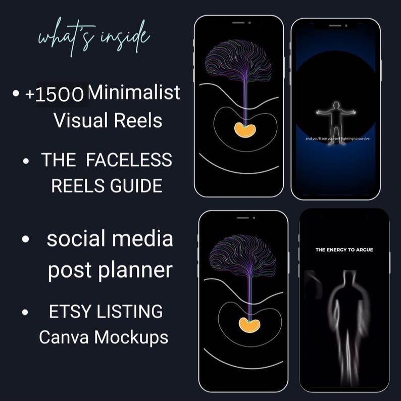 May include: Image showcasing a digital product with four smartphone mockups. The phones display minimalist art and text, including "+1500 Minimalist Visual Reels," "THE FACELESS REELS GUIDE," "social media post planner," and "ETSY LISTING Canva Mockups." The overall theme is digital marketing resources.