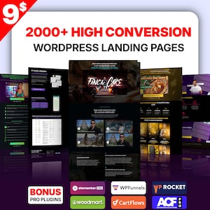 Könnte beinhalten: Eine Collage von Screenshots, die Beispiele für WordPress-Landingpages mit hoher Conversion-Rate zeigen. Der Text "2000+ HIGH CONVERSION WORDPRESS LANDING PAGES" wird oben im Bild angezeigt. Der Text "BONUS PRO PLUGINS" wird unten im Bild angezeigt. Der Text "elementor PRO", "WPFunnels", "WP ROCKET", "woodmart", "CartFlows" und "ACF PRO" wird ebenfalls unten im Bild angezeigt.