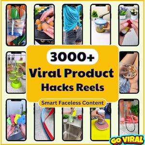 May include: A collage of smartphone screens showcasing various product demonstrations. The central image features the text "3000+ Viral Product Hacks Reels" on a yellow background, with the tagline "Smart Faceless Content". The bottom right corner has the text "GO VIRAL".