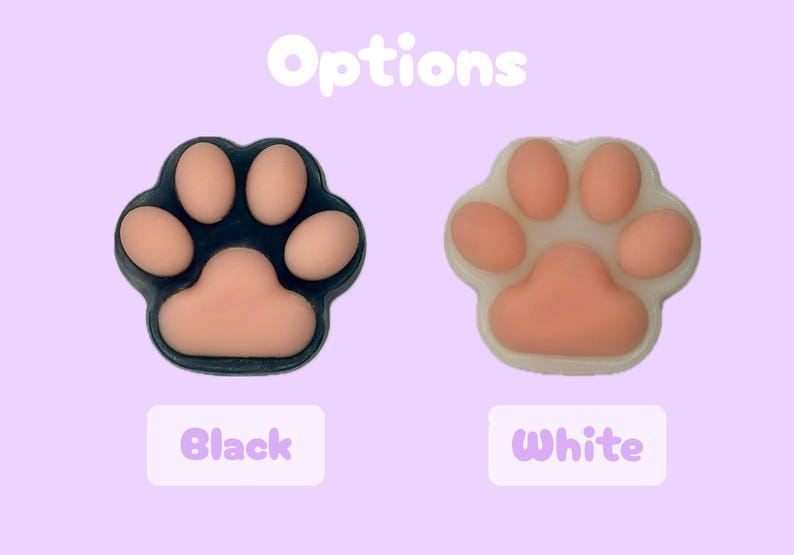 May include: Two paw-shaped designs, one black and one white, with pink pads. The word "Options" is at the top, and the words "Black" and "White" are below the paw prints. The background is a light purple color.