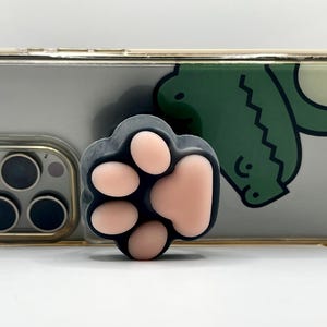 May include: A black and pink paw-shaped phone grip is attached to a clear phone case. The phone case has a green cartoon design on the back. The phone has a gold-colored frame and a triple-lens camera.