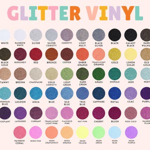 May include: A color chart of glitter vinyl options, with the text "GLITTER VINYL" at the top. The chart displays a variety of colors, including white, silver, black, red, and various shades of blue, green, and pink.