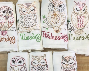 Kitchen Towel Set, Owls, Vintage Inspired Embroidered Flour Sack Kitchen Tea Towel Set of 7