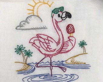 Kitchen Towel Set, Vintage Inspired Embroidered Flour Sack Kitchen Tea Towel Set of 7, flamingos