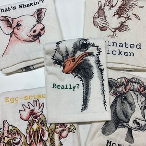 Animal towel set, Embroidered Kitchen Tea Towel Set of 5