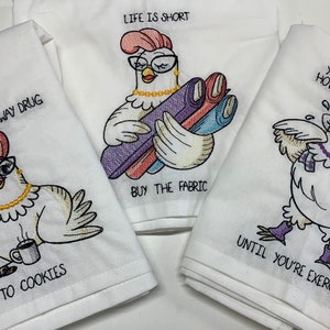 Kitchen Towel Set, Sassy Chickens, Vintage Inspired Embroidered Flour Sack Kitchen Tea Towels