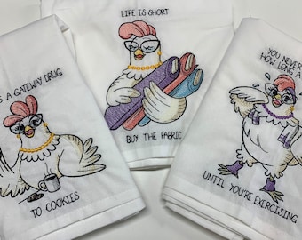 Kitchen Towel Set, Sassy Chickens, Vintage Inspired Embroidered Flour Sack Kitchen Tea Towels