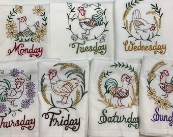 Kitchen Towel Set, vintage chickens, vintage inspired Embroidered Flour Sack Kitchen Tea Towel Set of 6