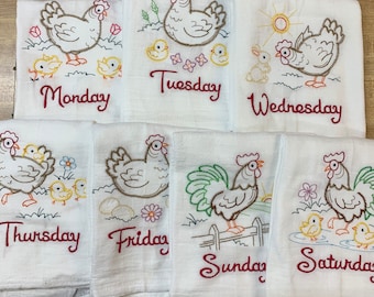 Chicken Kitchen Towel Set, Vintage Inspired Embroidered Flour Sack Kitchen Tea Towel Set of 7