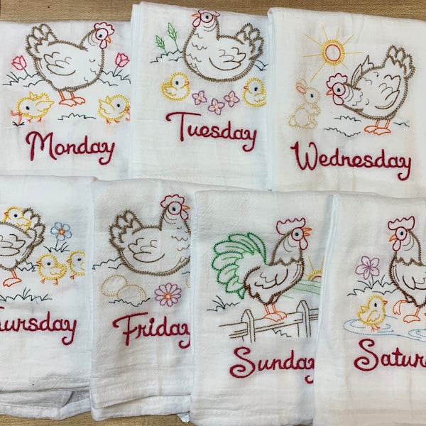 Chicken Kitchen Towel Set, Vintage Inspired Embroidered Flour Sack Kitchen Tea Towel Set of 7