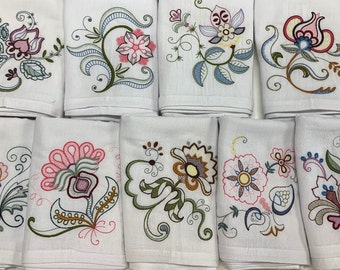 Kitchen Towel Set, Jacobean Flowers, Vintage Inspired Embroidered Flour Sack Kitchen Tea Towels