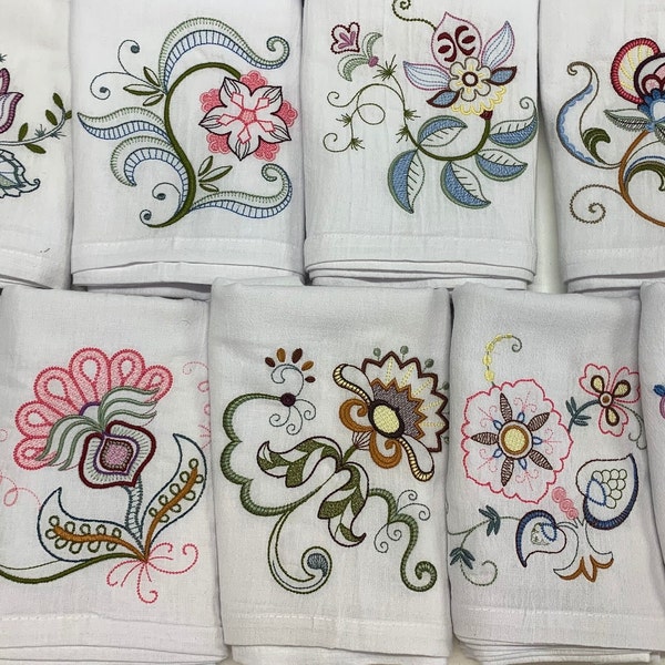 Kitchen Towel Set, Jacobean Flowers, Vintage Inspired Embroidered Flour Sack Kitchen Tea Towels