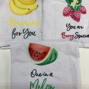 Kitchen Towel Set, Vintage Inspired Embroidered Flour Sack Kitchen Tea Towel Set of 3, Fruit with love sayings