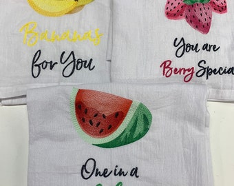 Kitchen Towel Set, Vintage Inspired Embroidered Flour Sack Kitchen Tea Towel Set of 3, Fruit with love sayings