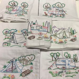 Kitchen Towel Set, Vintage Inspired Embroidered Flour Sack Kitchen Tea Towel Set of 7, Happy Campers and Tents
