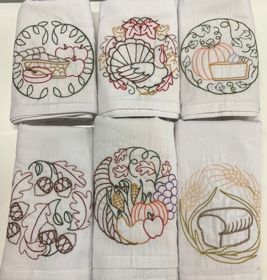 NEW SET OF 7 VINT STYLE HAND EMBROIDERED PIE FLOUR SACK DISH TOWELS