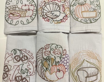 Kitchen Towel Set, Vintage Inspired Embroidered Flour Sack Kitchen Tea Towel Set of 6, Harvest Delight