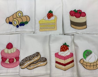 Kitchen Towel Set, French Pastries, Embroidered Flour Sack Kitchen Tea Towel Set of 7