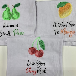 Kitchen Towel Set, Vintage Inspired Embroidered Flour Sack Kitchen Tea Towel Set of 3, Fruit with love sayings