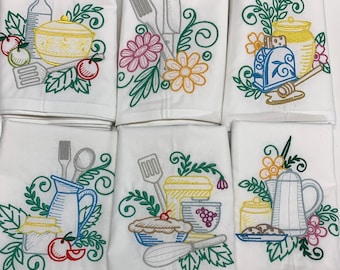 Kitchen Towel Set, Swirly kitchen, vintage inspired Embroidered Flour Sack Kitchen Tea Towel Set of 6