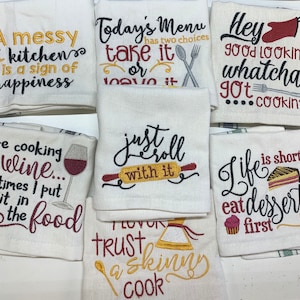 Kitchen Sayings, Embroidered Kitchen Tea Towel Set of 7