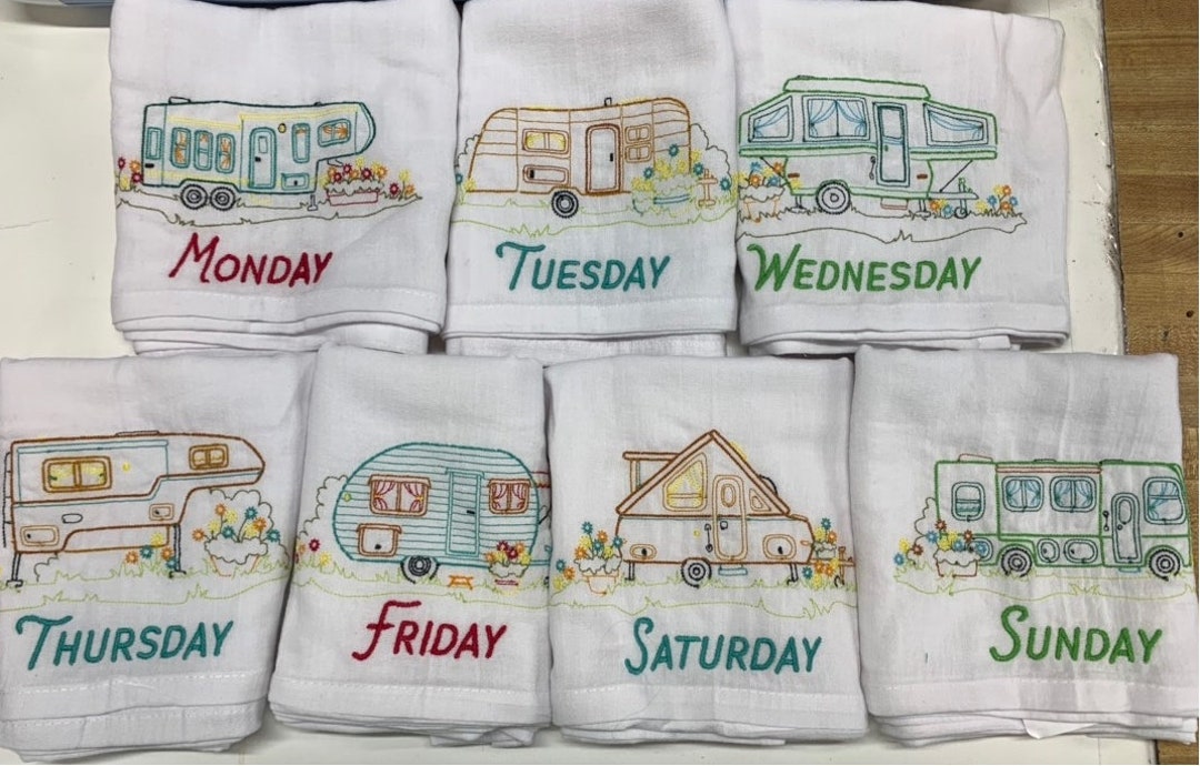 Kitchen Towel Set, Vintage Inspired Embroidered Flour Sack Kitchen Tea Towel Set of 7, Campers