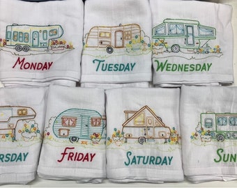 Kitchen Towel Set, Vintage Inspired Embroidered Flour Sack Kitchen Tea Towel Set of 7,  campers and RVs