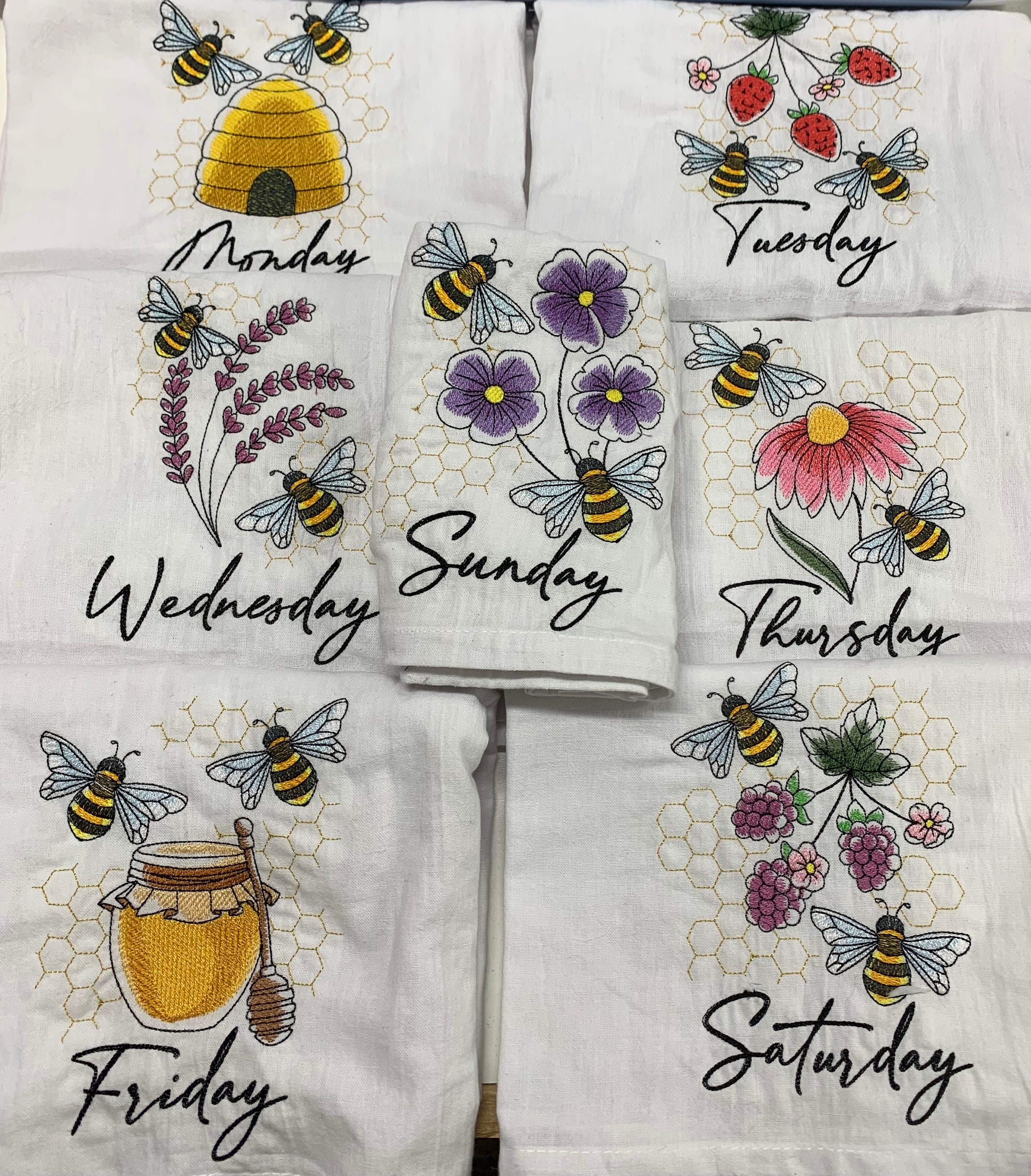 Embroidered Bee Tea Towel Set of 4 19x28