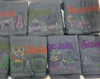 Kitchen Towel Set, Vintage Inspired Embroidered Flour Sack Kitchen Tea Towel Set of 7, Halloween Tea Time