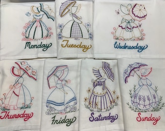 Umbrella Girl Kitchen Towel Set, Vintage Inspired Embroidered Kitchen Tea Towel Set of 7