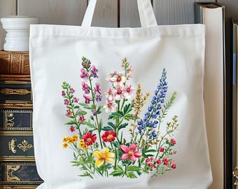 Vintage Wildflowers Cotton Canvas Tote Bag: Floral Shoulder Bag