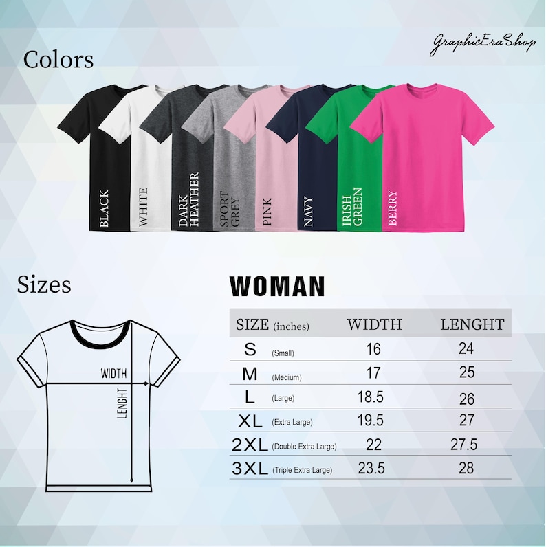 May include: A size chart for women's t-shirts with measurements in inches. The chart shows the width and length of the shirts in sizes small, medium, large, extra large, double extra large, and triple extra large.