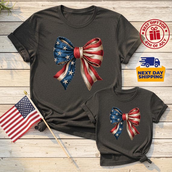 Patriotic Bow Shirt, Matching Family 4th Of July Cute Flag, Coquette Apparel Tee