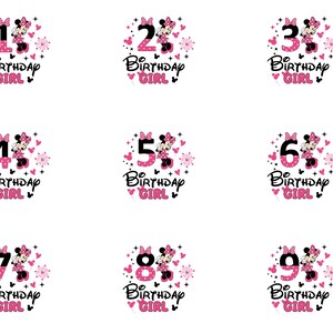 K&ouml;nnte beinhalten: Neun Designs mit den Zahlen 1 bis 9, jeweils mit einer Minnie Mouse-Grafik und dem Text "Birthday Girl". Die Zahlen sind rosa mit Tupfen, und Minnie Mouse tr&auml;gt ein passendes Outfit. Herzen und Sterne umgeben das Design.