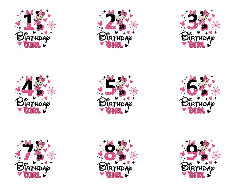 K&ouml;nnte beinhalten: Neun Designs mit den Zahlen 1 bis 9, jeweils mit einer Minnie Mouse-Grafik und dem Text "Birthday Girl". Die Zahlen sind rosa mit Tupfen, und Minnie Mouse tr&auml;gt ein passendes Outfit. Herzen und Sterne umgeben das Design.