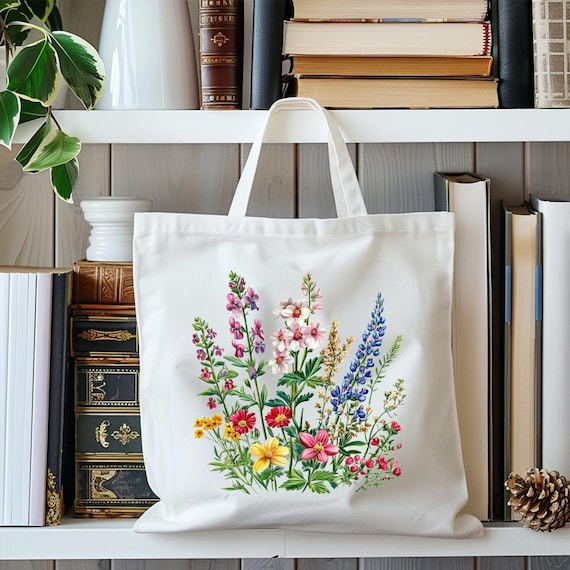 Vintage Wildflowers Cotton Canvas Tote Bag: Floral Shoulder Bag
