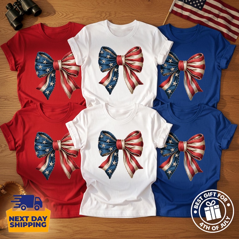 May include: A collection of six short-sleeved t-shirts in red, white, and blue, each featuring a central graphic of a large bow patterned with stars and stripes. The shirts are arranged in two rows, showcasing a consistent patriotic design.