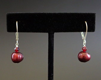 Red Pearl and Sterling Silver Drop Earrings