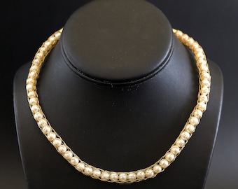Gold-Filled Wire Knit Necklace with White Pearls