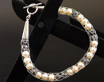 Argent sterling maille Bracelet avec perles blanches et de perles en hématite