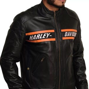 Blouson moto HD WWE Bill Goldberg pour hommes classique noir fait main à rayures en cuir de vachette véritable avec logo HD brodé
