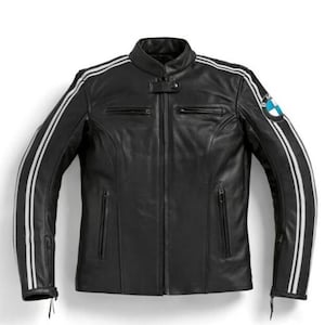 Blouson moto BMW Motorrad Schwabing TwinStripes noir profond Blouson moto moto noir en cuir pour homme avec logo BMW brodé