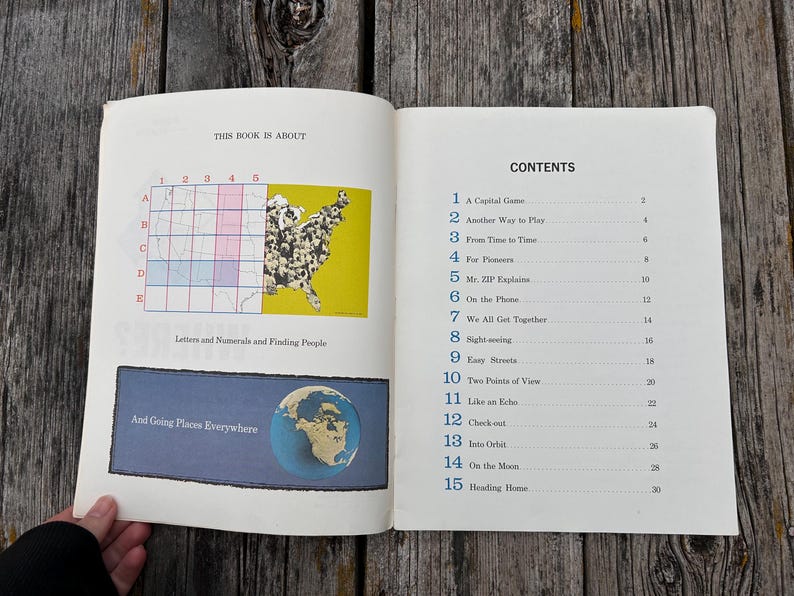 May include: An open book displaying a table of contents on the right page and a map graphic with the text 'THIS BOOK IS ABOUT' and 'Letters and Numerals and Finding People' on the left. The right page lists fifteen chapters with blue numbers.