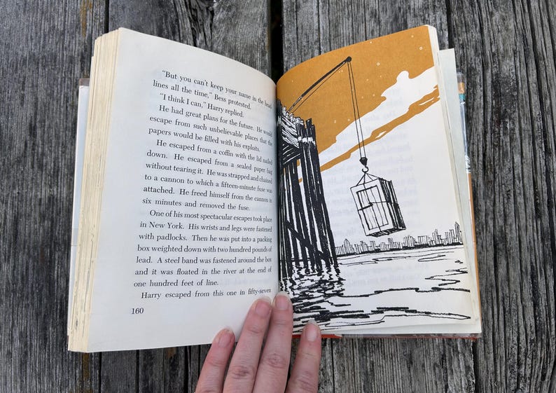 May include: An open book with cream-colored pages featuring black text and a black-and-white illustration of a crane lifting a crate over water. The page on the left is numbered 160 and contains text about escapes, while the right page shows a yellow sky.